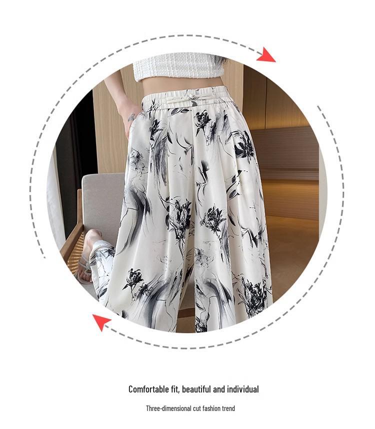 Dámské Capri kalhoty s vysokým pasem a širokými nohavicemi z ledového hedvábí: Tisk tušovou malbou, Styl Léto 2024, Volný a splývavý.