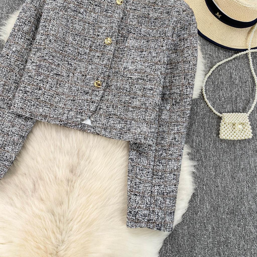 Autumn Winter Women Elegant Little Fragrant Wind Full Sleeve Single Breasted Tweed Short Jacket Coat With Pocket