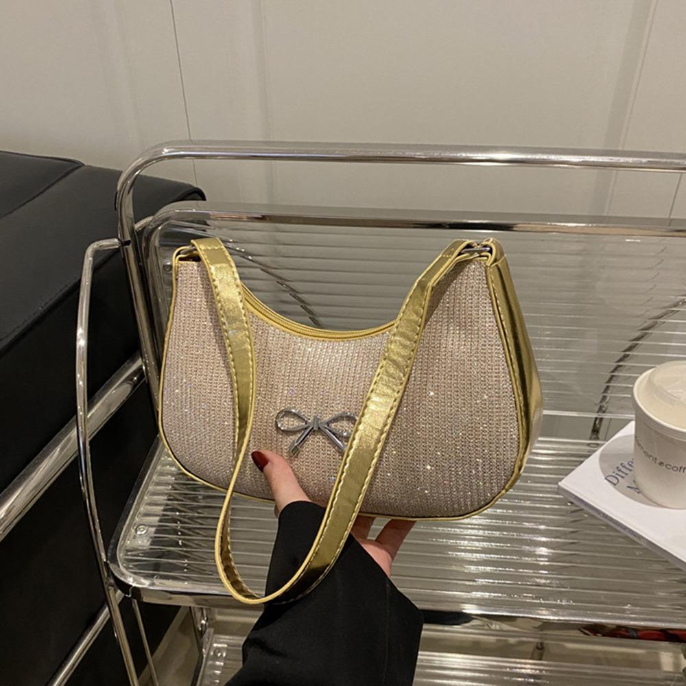 Shiny Underarm Tote Bag Solid Color Women Handbag Fashion Bowknot Shoulder Bag  Girls