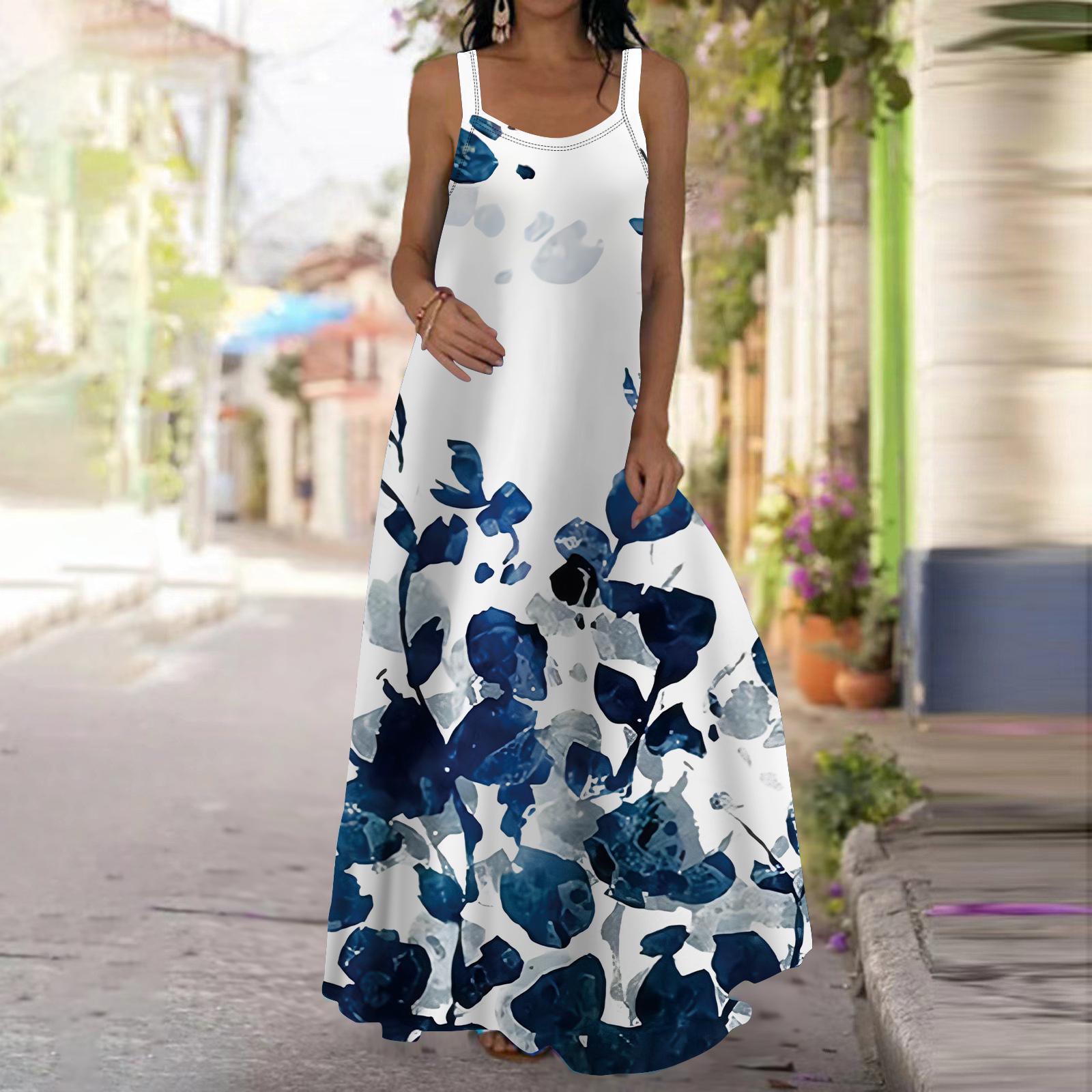 

Женское платье-комбинация Длинное платье макси Черное платье с принтом одуванчика Весна и лето Для отдыха и отпуска 5XL синий