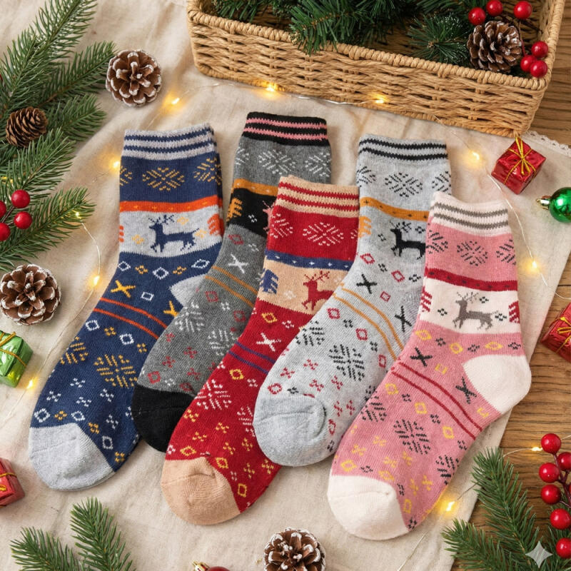 5-piece Set of Cream Nordic Christmas Thick Socks R288