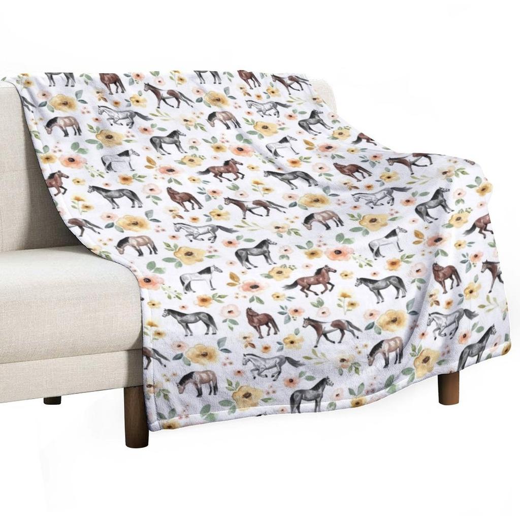 Horses with Yellow and Pink Flowers, Horse Decor, Watercolor Floral Throw Blanket Nap Bed Fashionable Furry Hairys Blankets