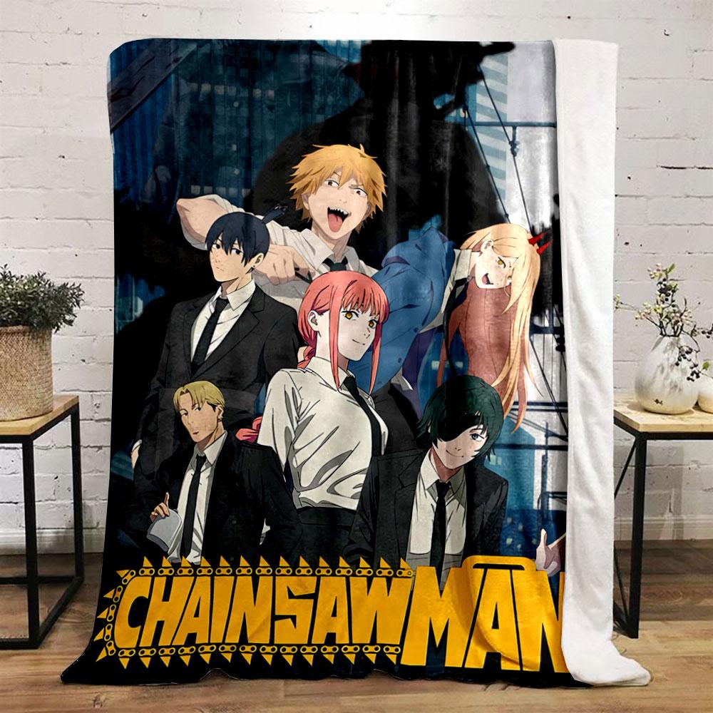 A group of characters in suits with a large chainsaw figure behind them. for all seasons blanket lunch break throw gift