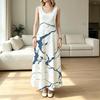 Coastal Resort Long Dress,Sleeveless Navy Marble Crack Pattern U Neck Sundress