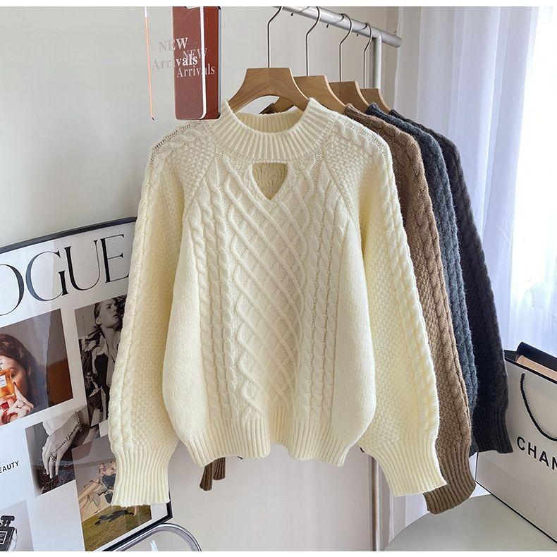 Hängender Hals gebratener Teig Twist Pullover Frauen 2022 Herbst und Winter lose weiche wachsartige Retro-Design Strickwaren Pullover Pullover Top