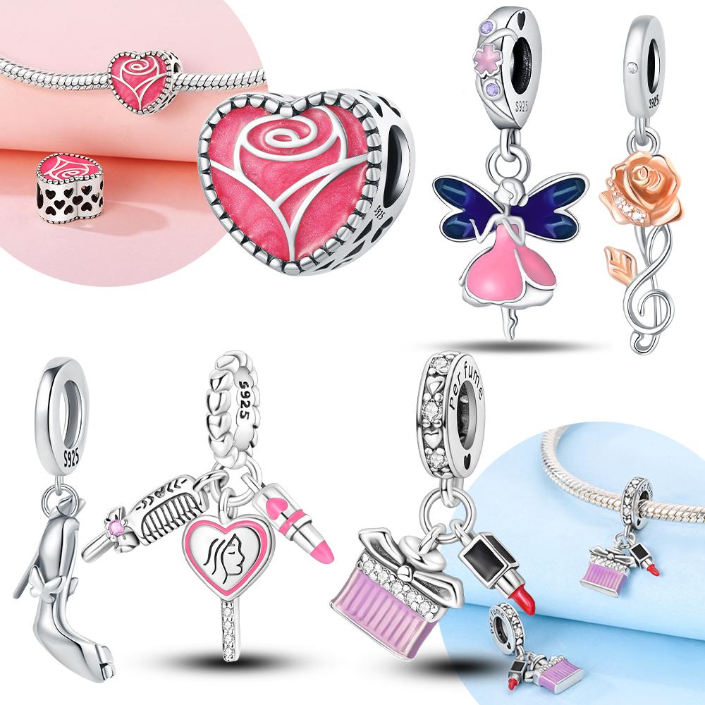 Charms 925 Silver Pink Pendant Rose Flower Rose Gold Pendant Spirit Beads Fit Bracelet Women Diy Jewelry