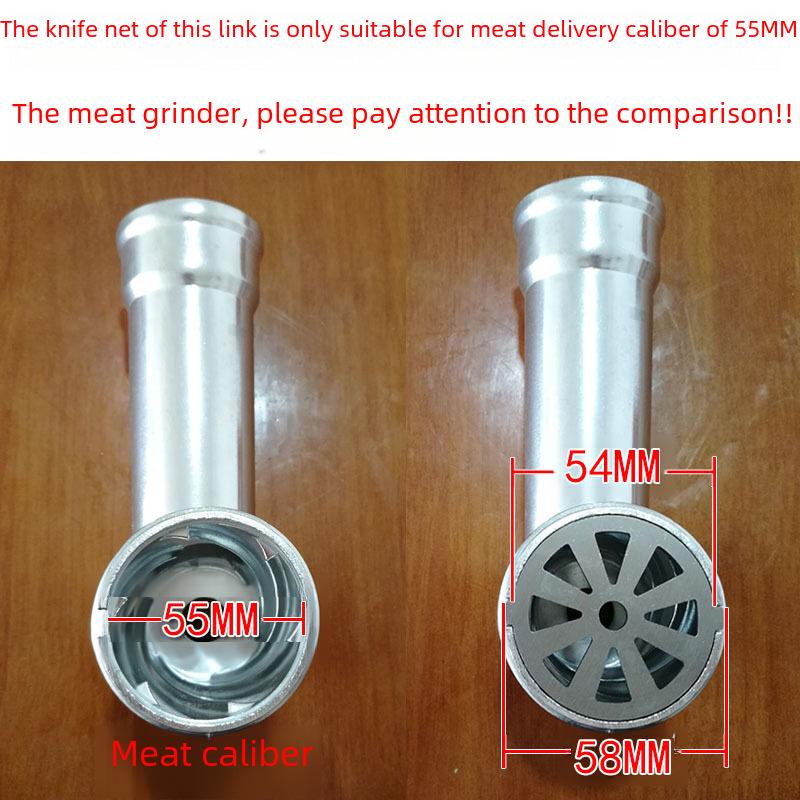 Stainless Steel Meat Grinder Accessories: Knife, Blade, Hole Plate, Sausage Stuffer, and Grinder Rod.