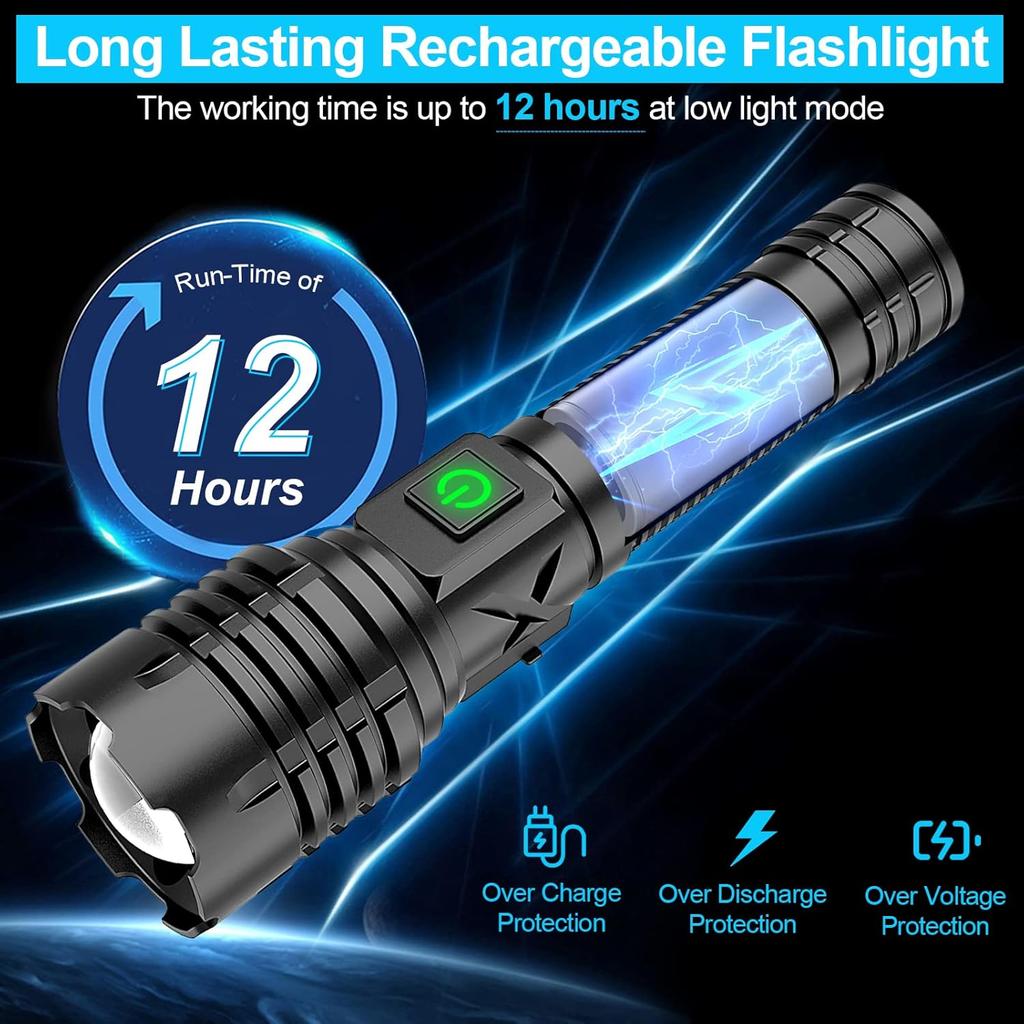 Flashlights High Lumens Rechargeable (Battery Included), 100000 Lumens XHP70.2 Super Bright LED Flashlight with Holster, Type-C, 5 Modes, Zoomable,