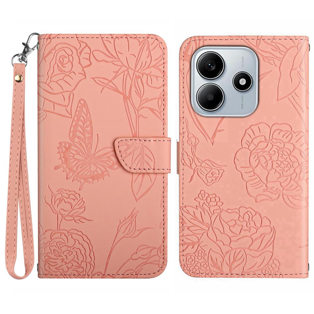 For Xiaomi Redmi Note 14 5G Case Leather Phone Cover with Strap, Butterfly Flower Imprint