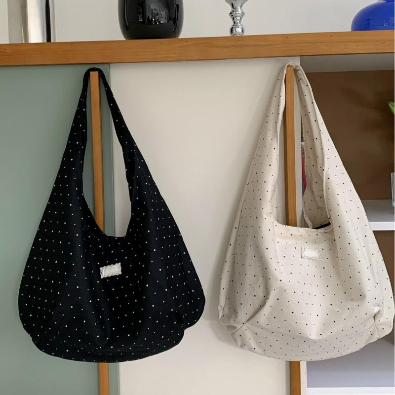 Large Capacity Canvas Tote Bag With Polka Dots Single Strap Shoulder Daily Commute Casual Streetwear