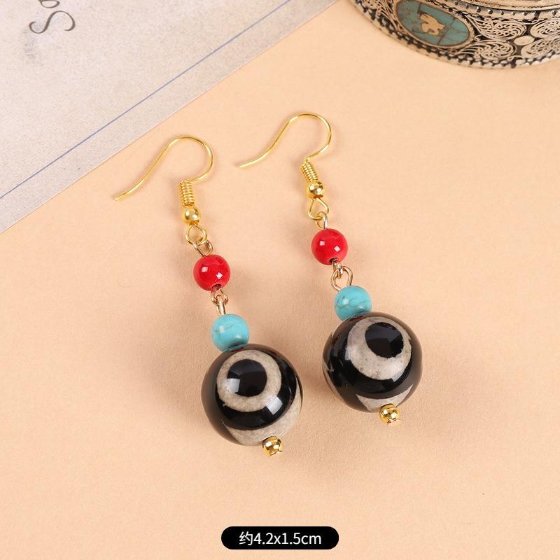 Original design Tibetan nine-eye dzi bead agate earrings retro literary tiger tooth earrings Chinese earrings women
