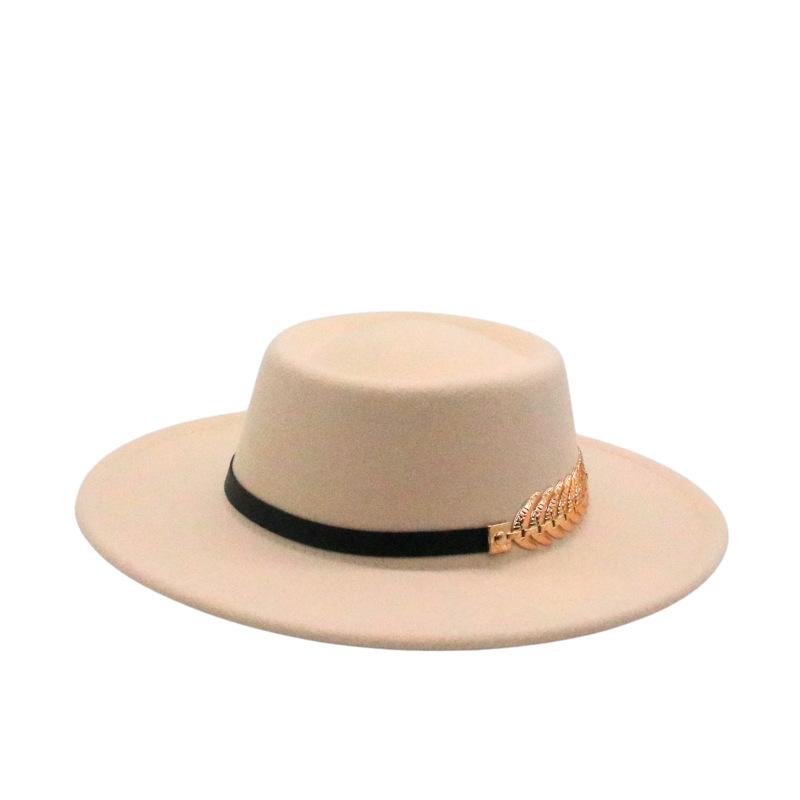 Female Autumn And Winter British Retro Top Hat Jazz Hat French Socialite Hepburn Style Belt Buckle Tweed Wide Brim Flat Top Hat
