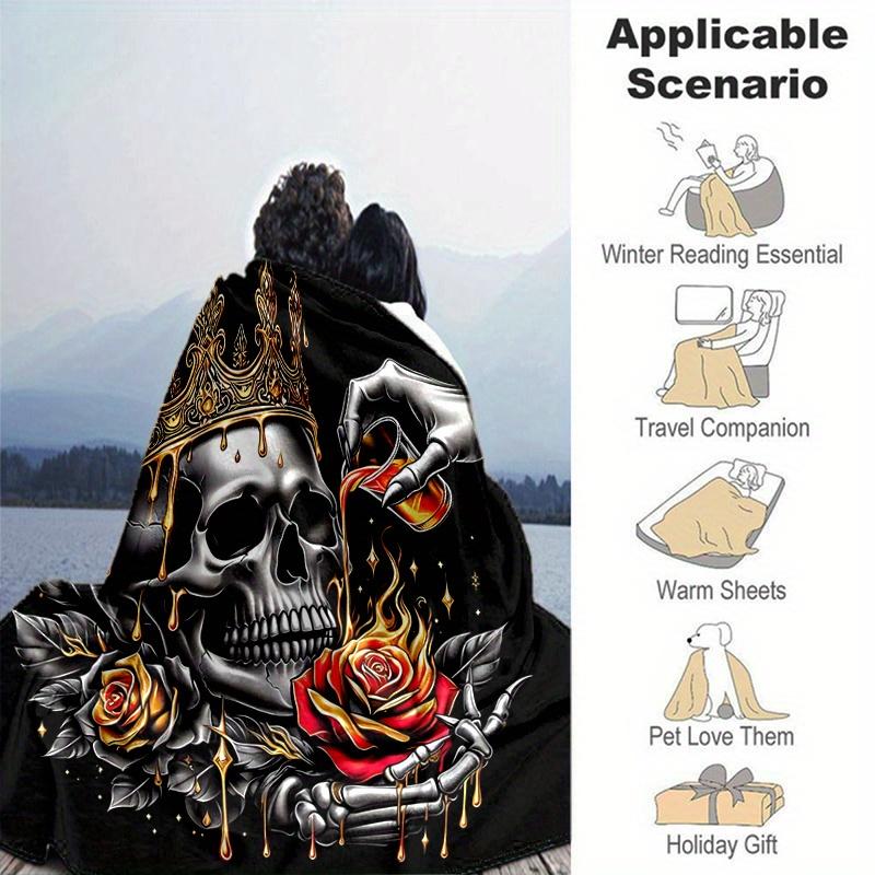 1ks Zlatá korunovaná lebka s růžemi deka Měkký přehoz na dekoraci pokoje, Perfektní dárek