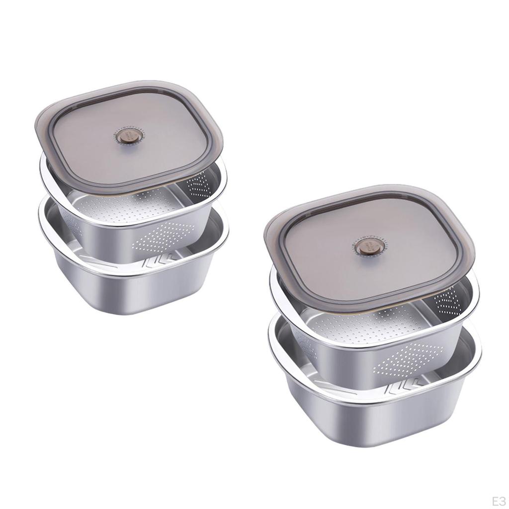 Sieve Set Made of Stainless Steel with Fresh-keeping Containers, Salad Bowls for Grapes, Rice,
