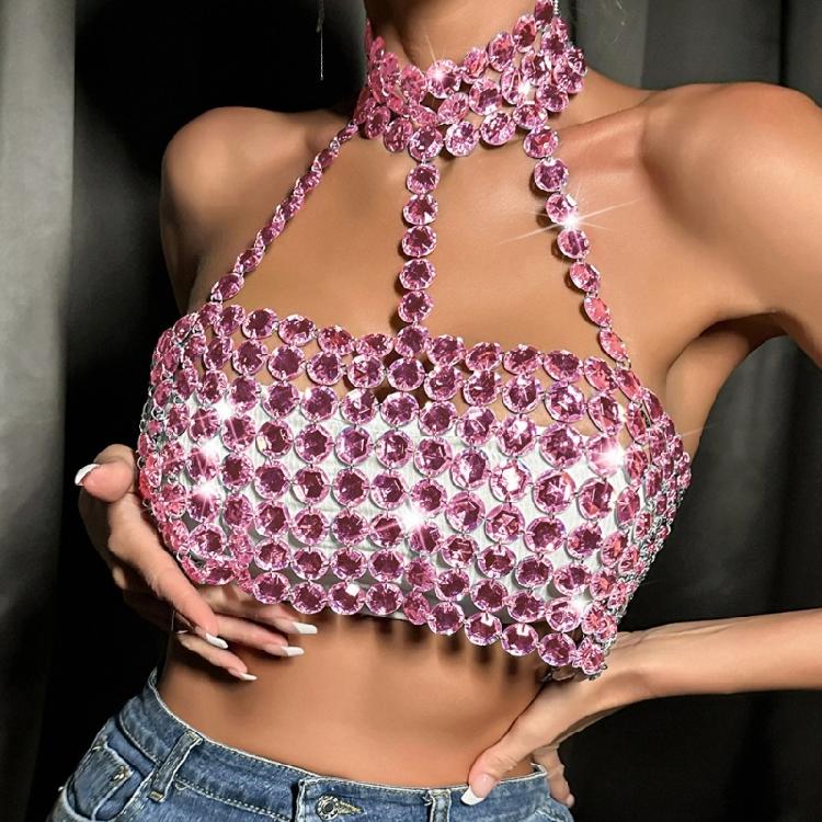 Rhinestones Diamond Body Chain Bra for Women Crystal Backless Chest Chain Halterneck Mesh Crop Top Harness Body Jewelry