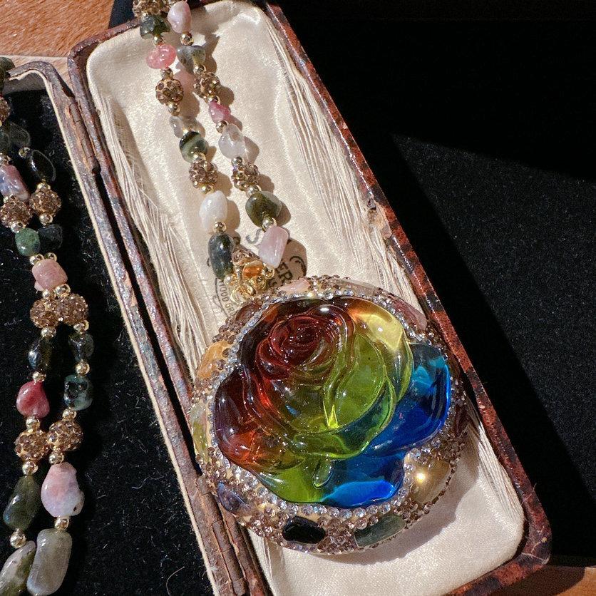 Damascus Rose Glazed Bracelet Vintage Plated 18K Gold, Baroque Citrine Drop Sweater Chain