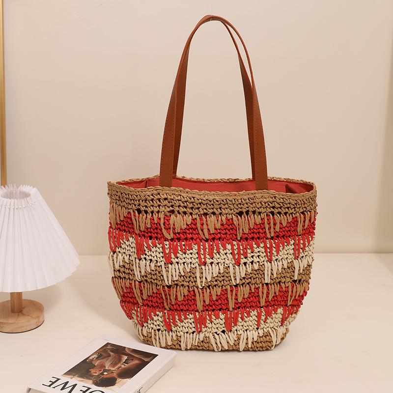 

2023 Single Shoulder Handmade Straw Beach Bag - Color Block, Large Capacity, Casual Summer Tote for Women