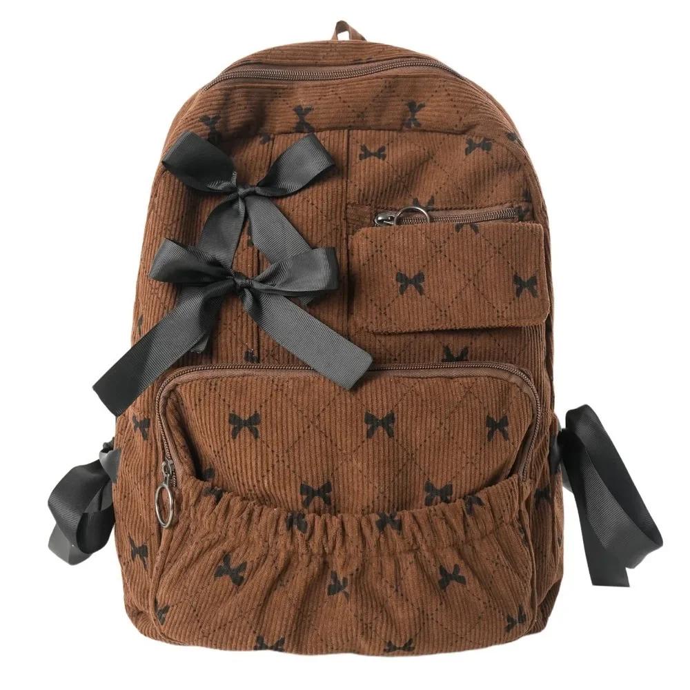 1PC Fashion Corduroy Bow Schoolbag Large Capacity Bow Print Backpack Bag Ins Style Students Backpack Women Students Backpack