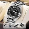 TOMI MensWatchBusinessSet BoxQuartz Watch Steel Band CalendarWatchNightLightLifeWaterproofWristWatchwith Cuff RingforMenGift