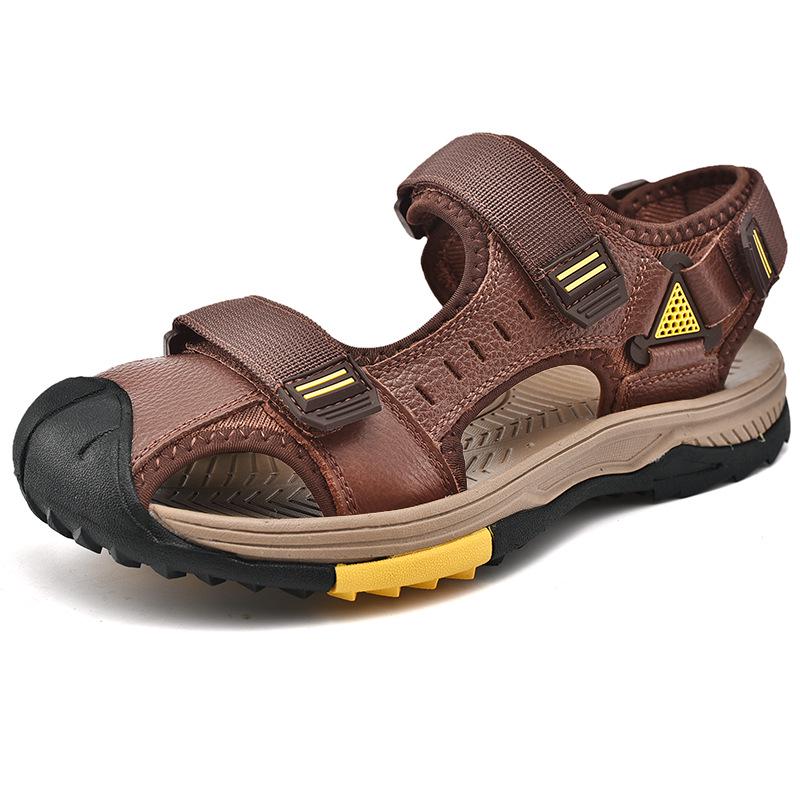 Men s Plus Size Cowhide Closed-Toe Hand-Stitched Beach Sandals 39