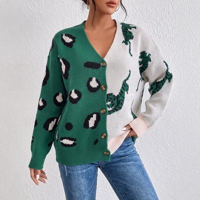 Podzimní a zimní kontrastní barva Splicing Leopardí vzor Žakárová V-výstřih Svetrová bunda Volný Líný styl Ležérní Zesílený Pletený svetr