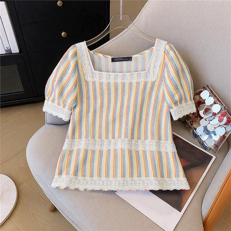 

ZANZEA Женская повседневная блузка с кружевной вставкой, квадратным вырезом, коротким рукавом, в полоску, для лета 5XL абрикосовый