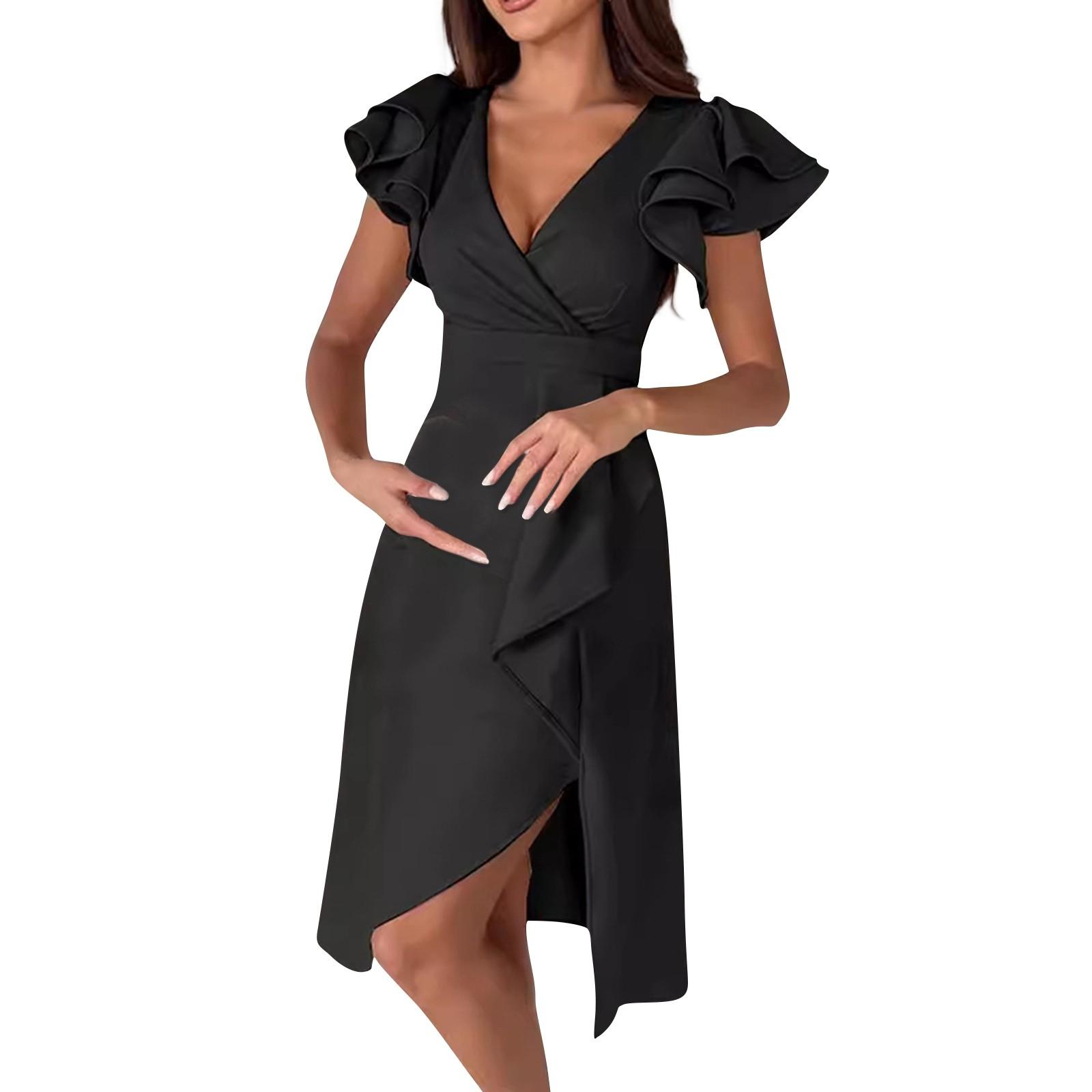 

Женское однотонное платье нестандартной формы с v-образным вырезом и поясом с рюшами на рукавах XL чёрный