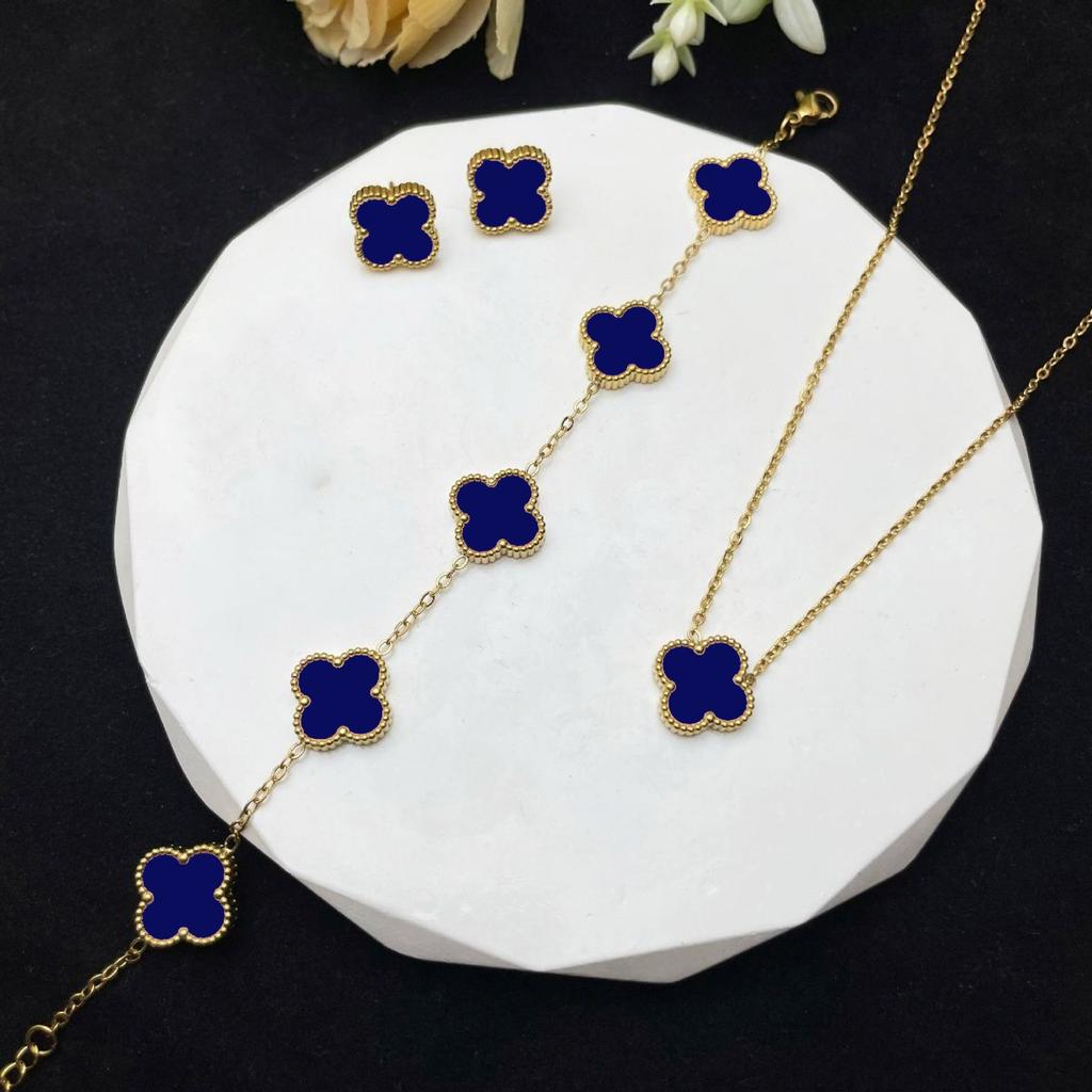 Set din trei piese colier, brățară și cercei trifoi cu patru foi de 13 mm, din oțel titan, set de bijuterii cu două fețe