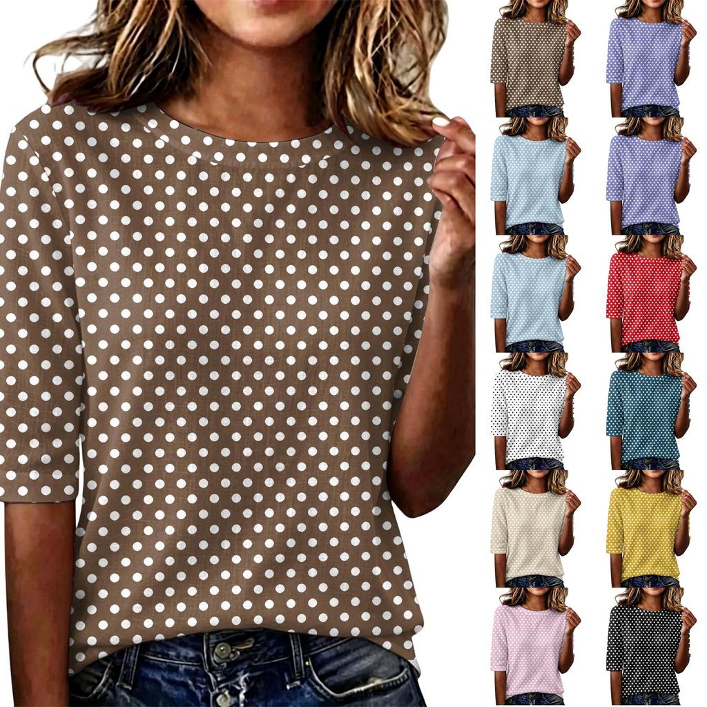 Women's Casual Loose Fit Short Sleeve Top Round Neck Lightweight Comfortable Soft Fabric Polka Dot Pattern Everyday Wear