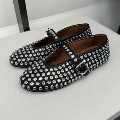 Nouvelles chaussures de ballerine en cristal pour femmes avec boucle et sangle en strass, chaussures de danse à bout rond, confortables pour dames et filles