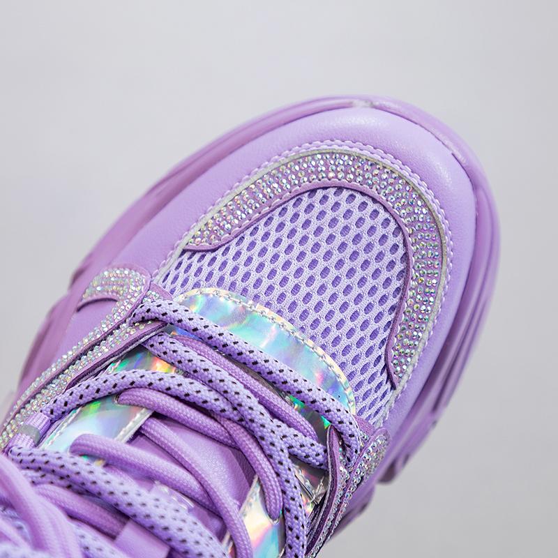 Wysokiej Jakości Damskie Grube Trampki Modne Fioletowe Buty Sportowe Luksusowe Błyszczące Strassowe Damskie Codzienne Buty Tenisowe Damskie PU