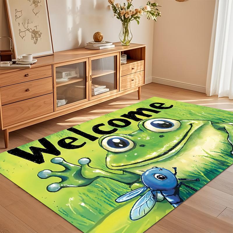 Cute Frog Welcome Pattern Soft Area Rug Non Slip Decorative Floor Mat for Living Room Bedroom Kids Playroom Entryway