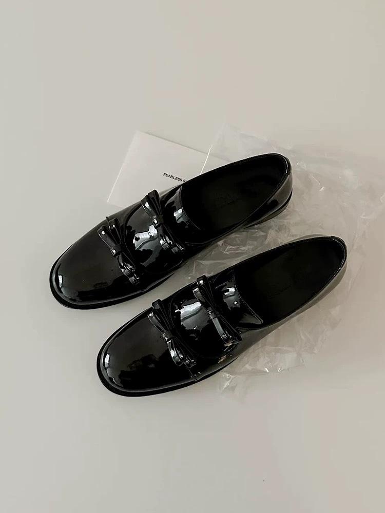 Retro Leather Double Bow Small Leather Shoes Women's 2025 Spring New Thick Heel Round Head Loafers Mary Jane Single Shoes