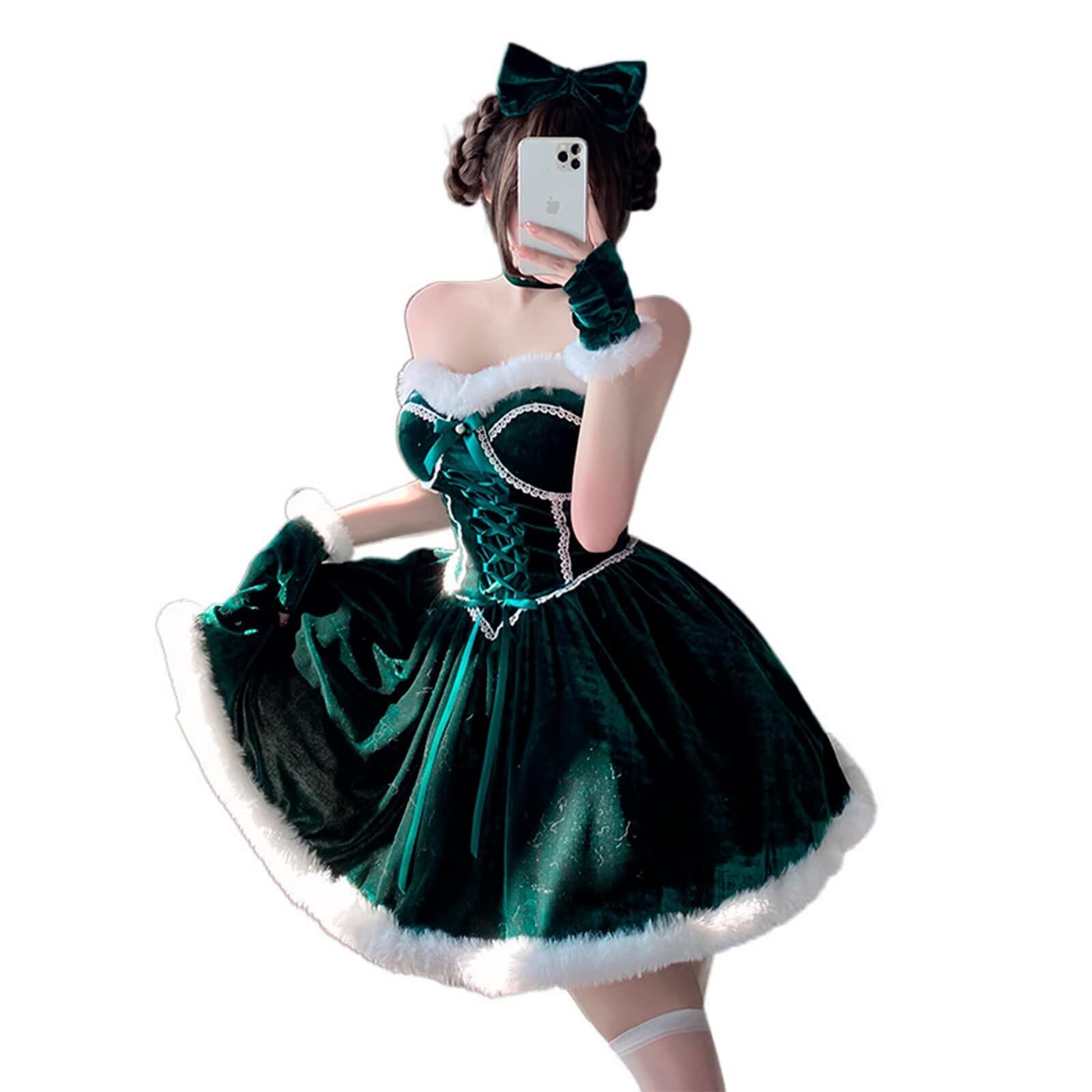 

Father Costume Bow Halter Dress Set Sexy Girl Dress Fluffy Slim Party Dress [Vasarhely] Women s 4-Piece Red/Green