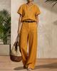 1116 European and American summer women's clothing imitation hemp solid color V-neck short-sleeved top loose wide-leg pants casual suit