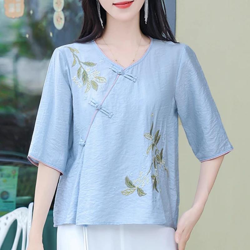 Womens Chinese Style Floral Embroidered Blouse