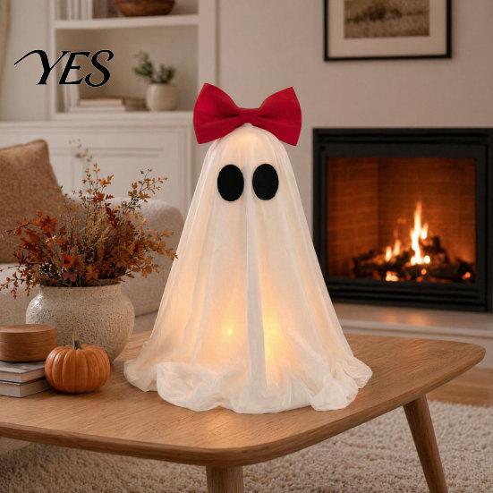 Pink Bow Ghost Decoration LED Decoration, Halloween Tabletop Ornament, Soft Girly Fabric Haunted House Decor with Warm Glow for Home Cute Ornament