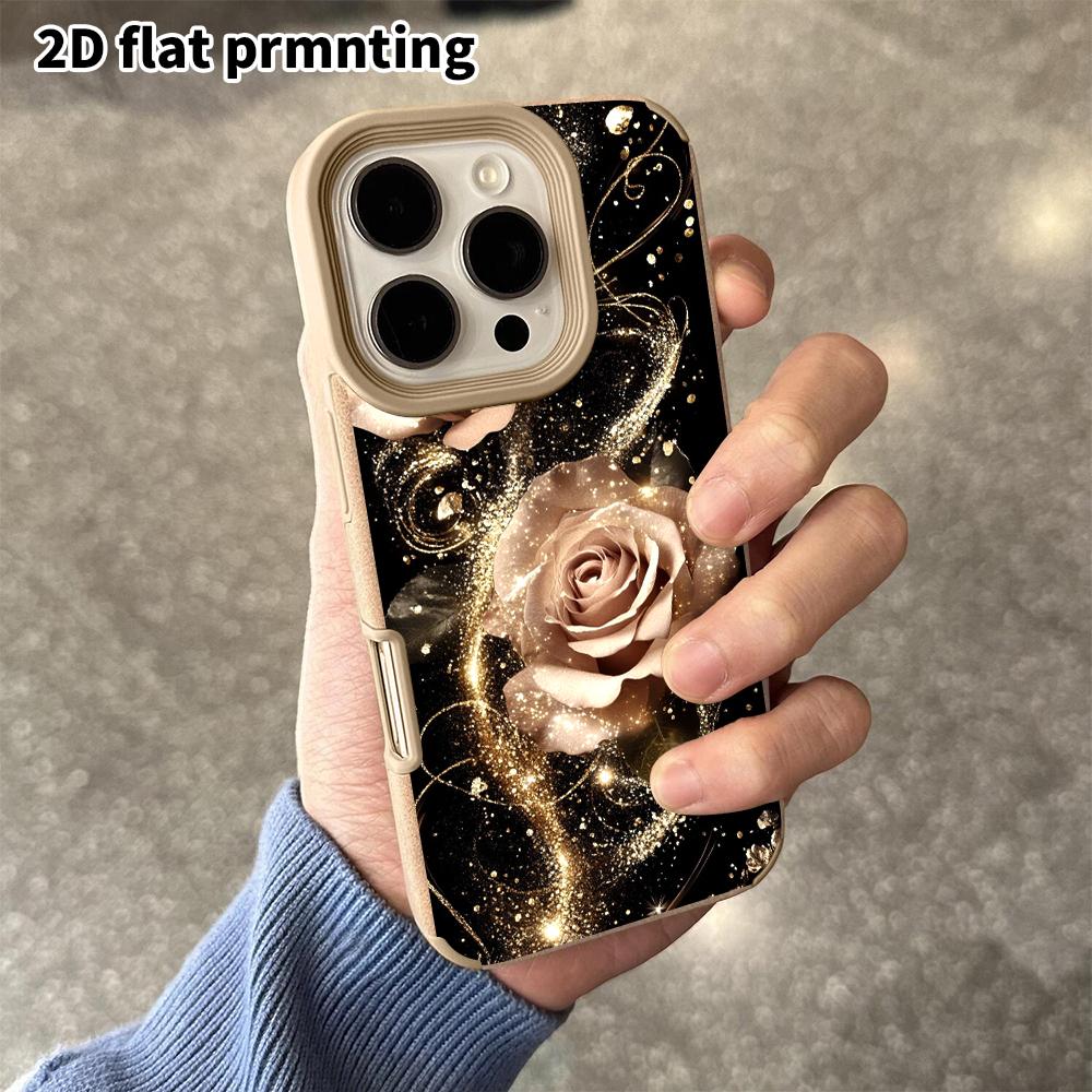 Phone Case: 2D flat lambskin suitable for iPhone 18 17 16 15 14 13Pro film protective case,champagne gold rose, Christmas and Halloween gift