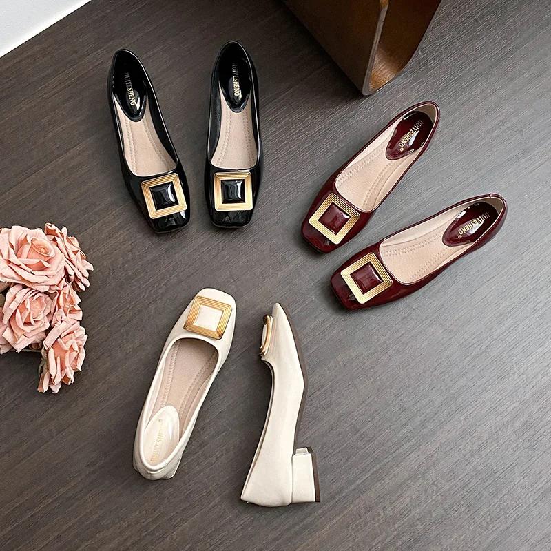 Women Shoes Fashion Pumps Designer Square Buckle Patent Leather High Heels Shoes OL Dress Shoes