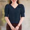 ZANZEA Damen V-Ausschnitt Einfarbig Lässige Kurzarmbluse