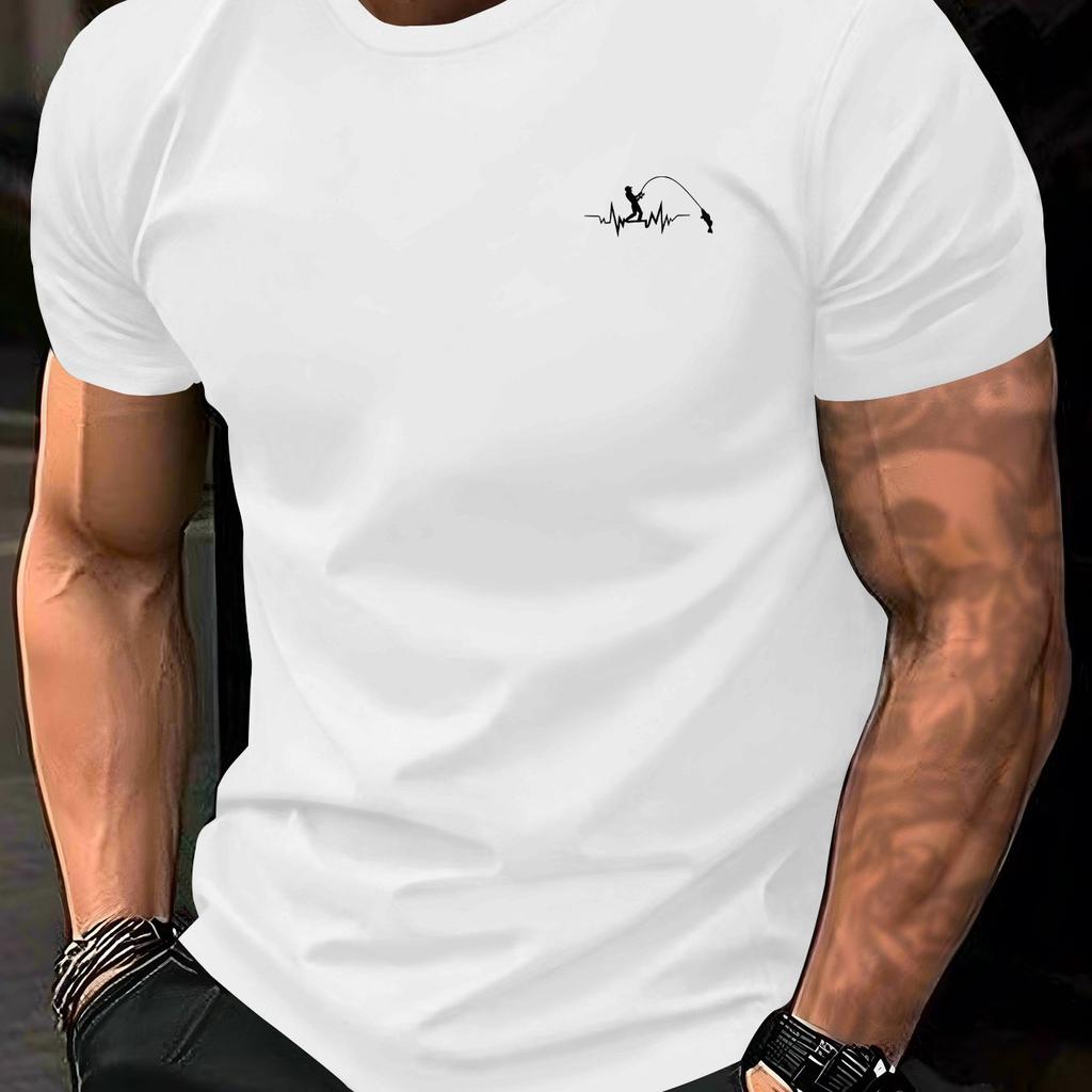 Men Summer Fishing Print Short Sleeve T-Shirt Polyester Crew Neck Tee Breathable Fabric Regular Fit with Graphic Design