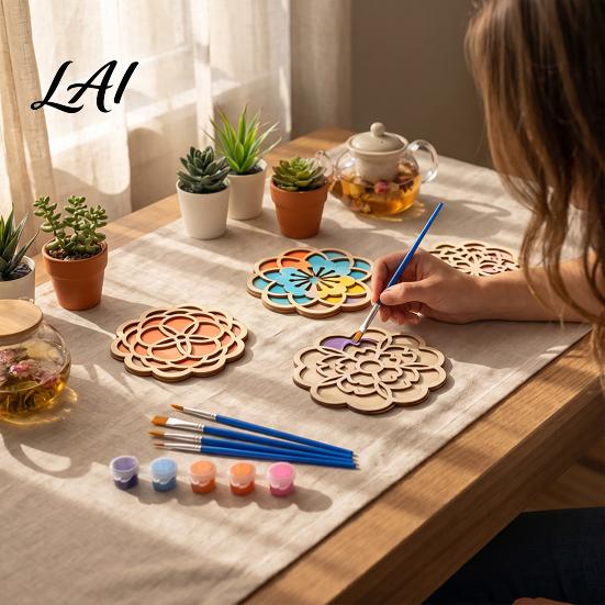 Creative Hobby Sets for Beginners 4 Pcs DIY Wooden Coasters Painting Kit Paint You Own Coaster Craft Kit with Customizable 6 Color Paints And