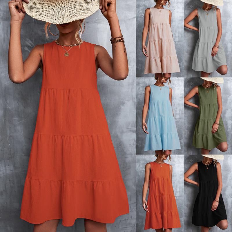 

Sleeveless Tiered Flowy Dress in Solid Colors, Casual Summer Dress with Layered Skirt XXL армія зелений колір