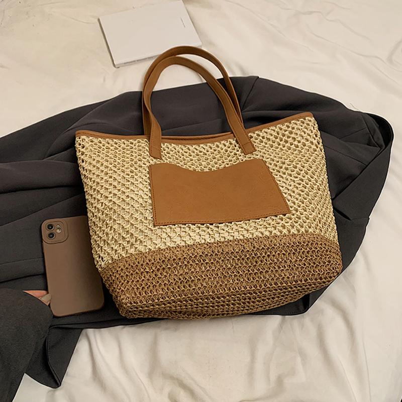 Women Crochet Beach Handbag PU Patchwork Weaving Travel Bag Contrast Color Simple Shoulder Bag Ladies Summer Daily Bag