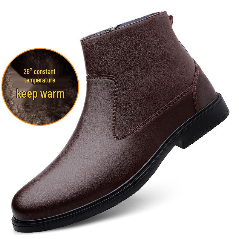 Cross-border Men's High-Top Leather Boots, Autumn/Winter, Slip-on Cowhide with Side Zipper, Large Size, Plus Velvet Warm Cotton.