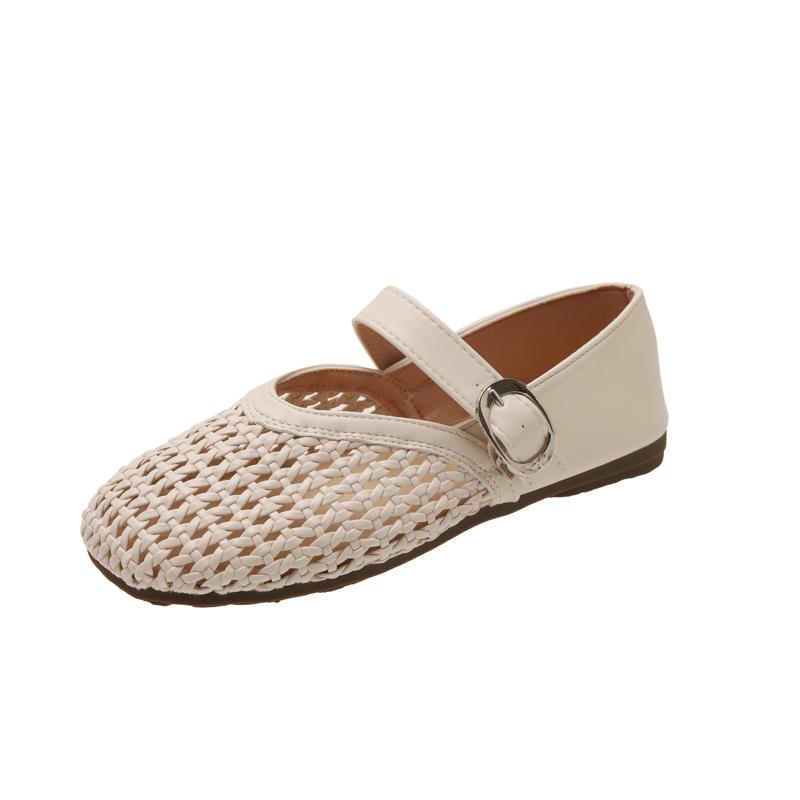 2025 Women's Mary Jane Shoes Round Toe Flat Sole One-length Strip Mesh Woven Hollow Shoes French Retro Summer Breathable Sandals