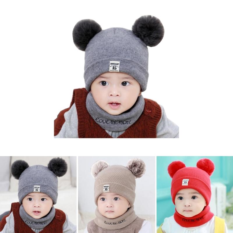 2-teiliges Set aus Babymütze und Halswärmer mit Bärenmotiv, gestrickte Babymütze und Schal, dehnbare Mütze und Schal für Kleinkinder, angenehm zu tragen