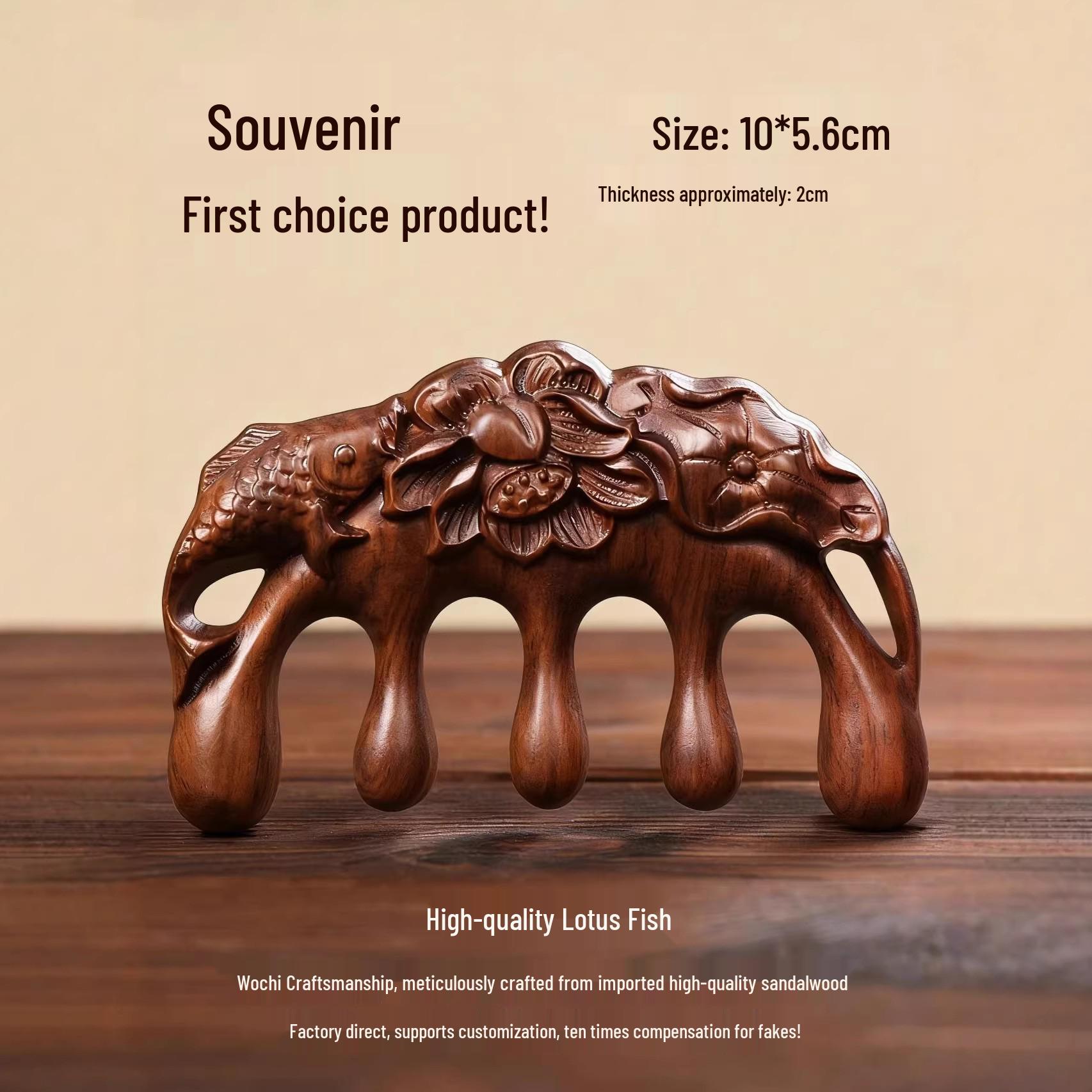 Sandalwood Lotus Fish Carved Wooden Wide-Tooth Scalp Massage Comb