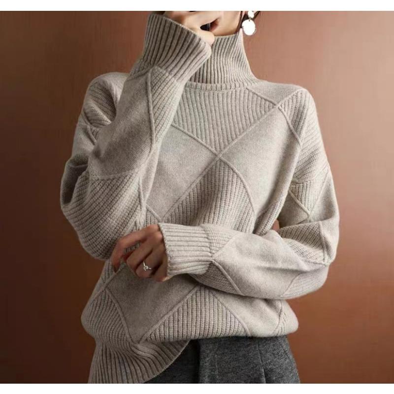 Suéter de cuadros de diamantes tridimensionales con cuello alto para mujer, diseño de otoño e invierno, sentido del ocio, prendas de punto de nicho