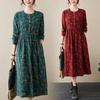 Women's Fall Waisted Cotton and Linen Dress Floral Long-sleeved Thin Long Skirt